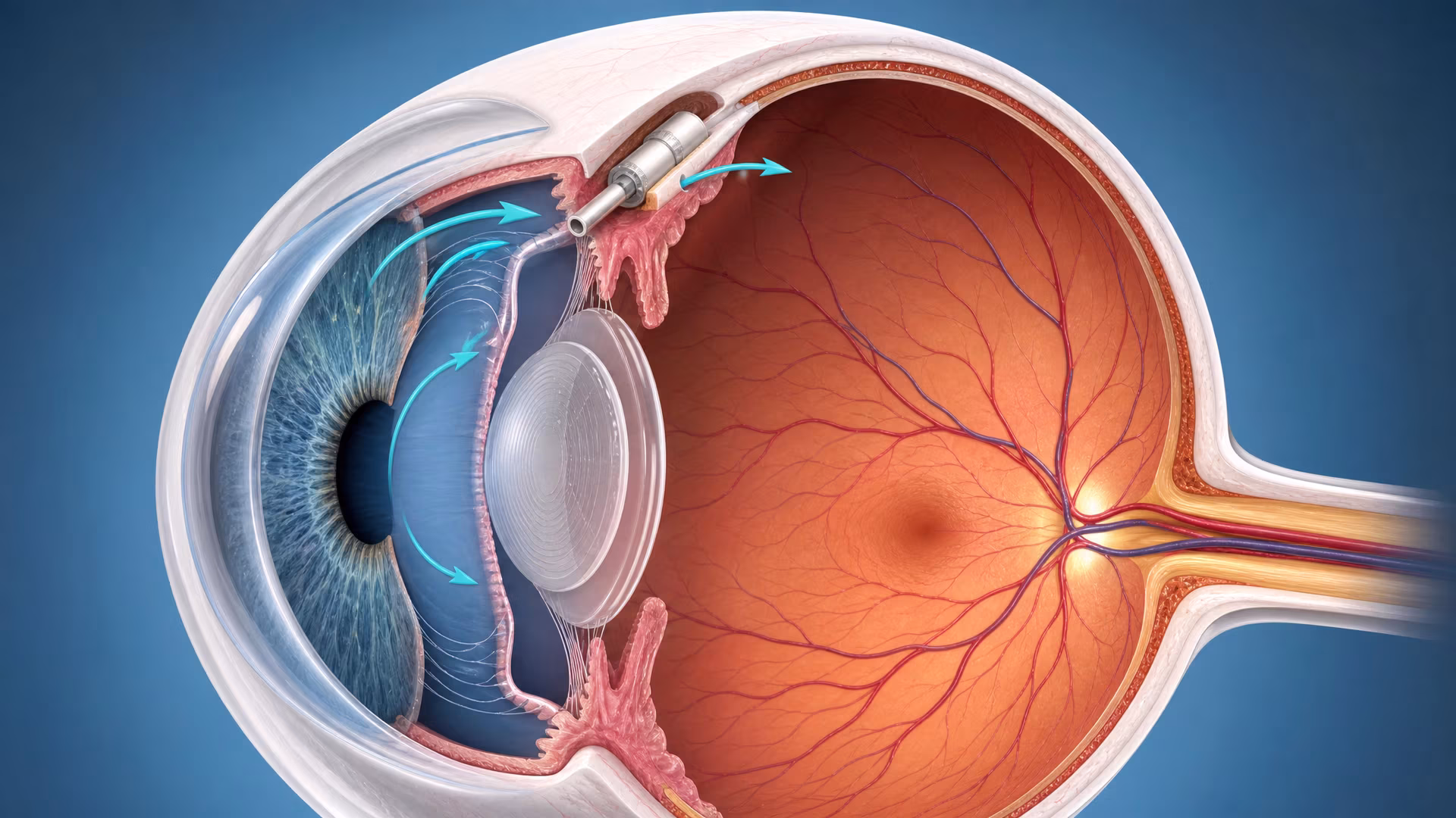 Ilustração educativa do olho humano mostrando o dispositivo PRESERFLO MicroShunt implantado para drenagem do humor aquoso no tratamento do glaucoma
