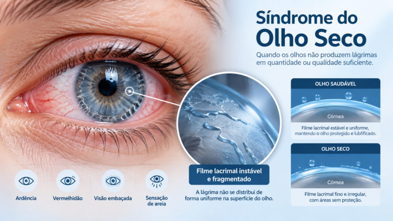 Ilustração médica da superfície ocular com olho seco — Clínica Olyntho