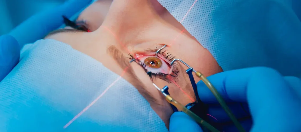 Cirurgião oftalmologista realizando cirurgia refrativa a laser em paciente