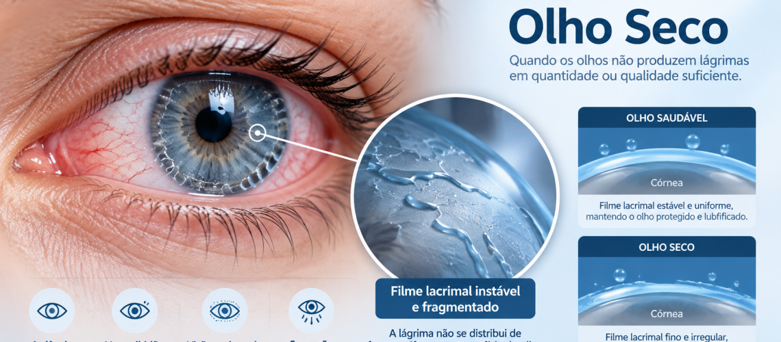 Ilustração médica da superfície ocular com olho seco — Clínica Olyntho
