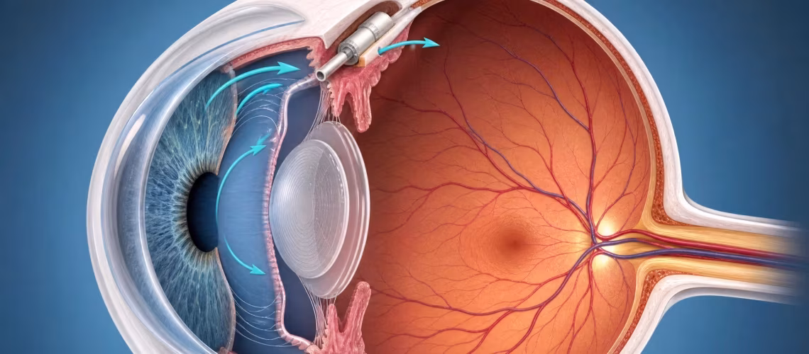 Ilustração educativa do olho humano mostrando o dispositivo PRESERFLO MicroShunt implantado para drenagem do humor aquoso no tratamento do glaucoma